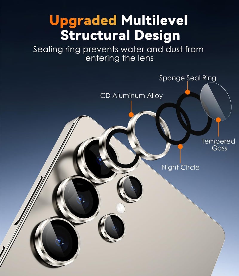 CloudValley for Samsung Galaxy S25 Ultra Camera Lens Protector, 9H Tempered Glass + Aluminum Alloy Individual Lens Protective Ring, [1 Second Installaion] Ultra-HD Glass Cover,Titanium Gray - Image 4